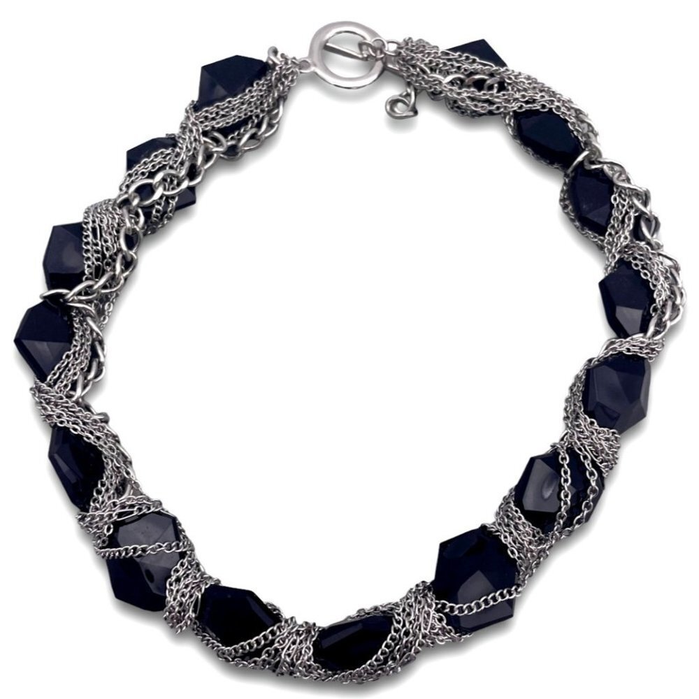Black Faceted Beaded Silver Tone Chain Wrap Necklace Toggle Closure 19 Inch